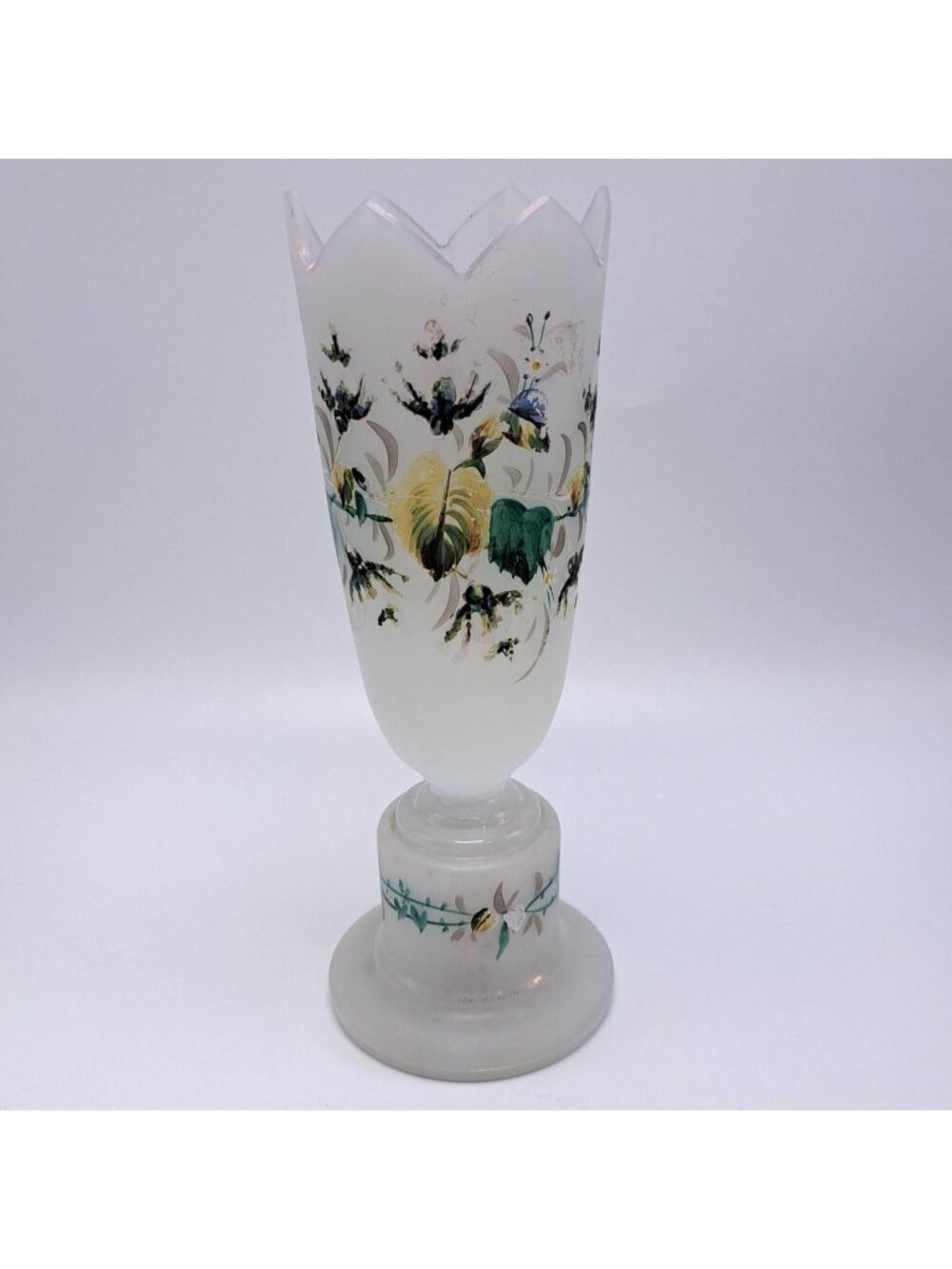 Hand Painted Hand Blown White Frosted Footed Tulip Top Vase Floral Botanical